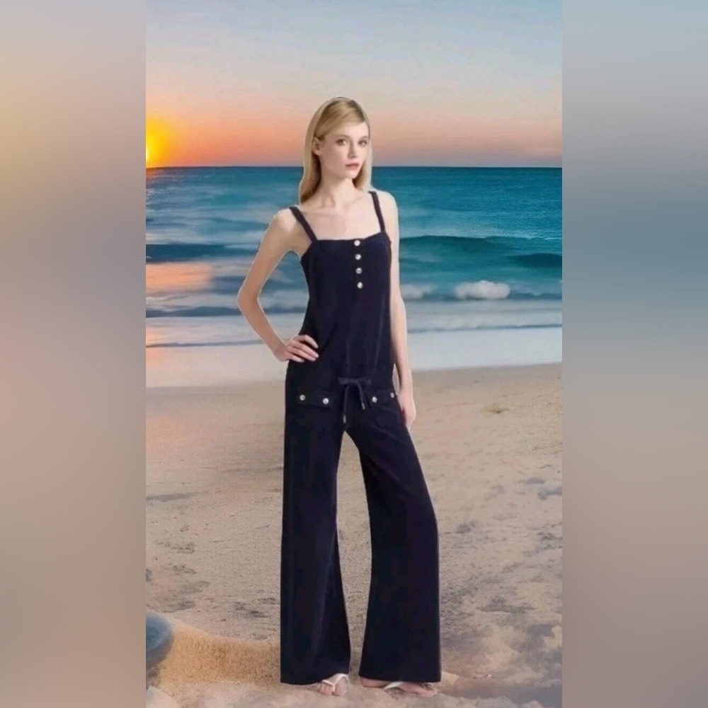 Y2K Juicy Couture Black Velvet Jumpsuit Romper Wide Leg Drawstring Medium grunge